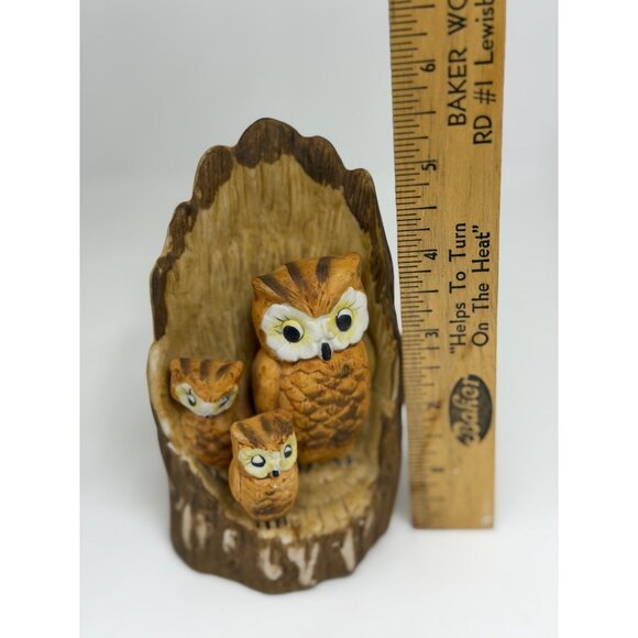 VTG Ceramic Owl Figurine Mama & Chicks in Log 5.5" Brown Kitsch Bird Ornament - Picture 8 of 8